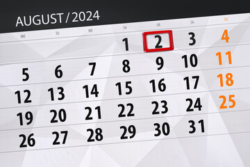 Obraz premium Calendar 2024, deadline, day, month, page, organizer, date, August, friday, number 2