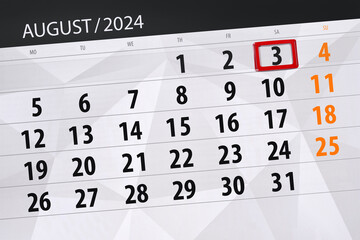 Obraz premium Calendar 2024, deadline, day, month, page, organizer, date, August, saturday, number 3