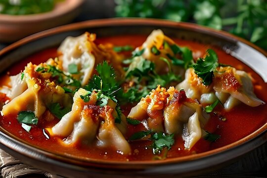 Chuchvara - Uzbek dumplings made from minced meat in tomato sauce with vegetables. Central Asian cuisine.