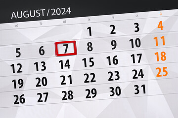 Obraz premium Calendar 2024, deadline, day, month, page, organizer, date, August, wednesday, number 7