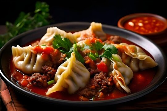 Chuchvara - Uzbek dumplings made from minced meat in tomato sauce with vegetables. Central Asian cuisine.