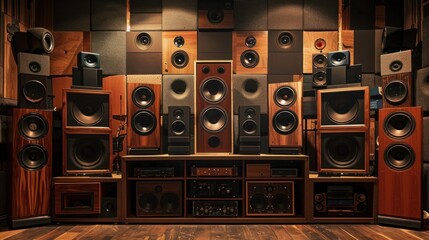 A large collection of speakers and a subwoofer are displayed in a room