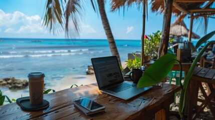 A remote worker enjoying a productive day at a rustic cabin retreat, surrounded by nature and tranquility, with a laptop on a wooden table.