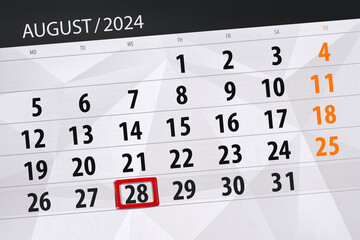 Obraz premium Calendar 2024, deadline, day, month, page, organizer, date, August, wednesday, number 28