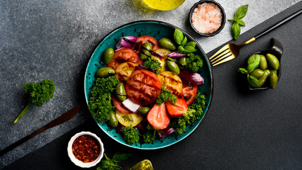 Fresh vegetable summer colorful salad. Vegetarian food. Top view.