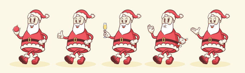 Groovy Christmas Retro Santa Characters Set. Cartoon SantaCalus Vector Winter Holiday Mascot Templates. Happy Vintage Cool New Year Personage Illustrations Collection Isolated