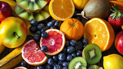 Fresh fruits assorted fruits colorful background.Vitamins natural nutrition concept. Products for a healthy diet. Illustration for cover, card, postcard, interior design, decor or print.