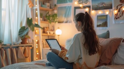 Teenager using virtual tutor on tablet, cozy bedroom setup, educational posters, tidy desk, natural light. EdTech, Education technology
