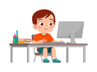 little kid study on desk and do e-learning