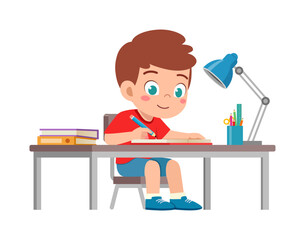 little kid study on desk and feel happy