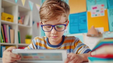 Bright home office with young student using tablet, educational apps, colorful posters, and tidy desk. EdTech, Education technology