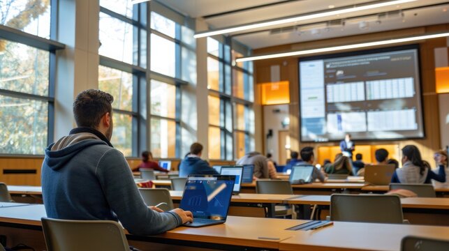 Modern lecture hall with student using laptop, interactive screens, professor teaching on tablet, high-tech academic environment. EdTech, Education technology