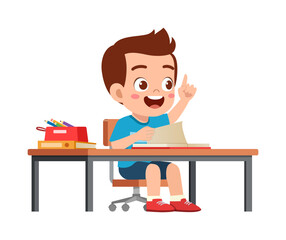 little kid study on desk and raise hand to answer question
