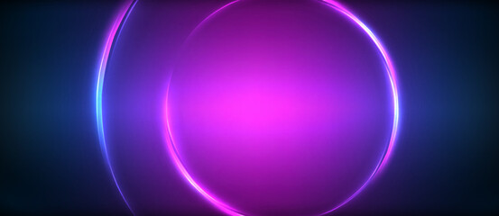 Neon glowing circle rays, light round lines in the dark, planet style neon wave lines. Energetic electric concept design for wallpaper, banner, background