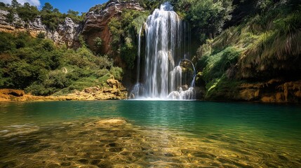 A beautiful waterfall cascading into a clear pool, surrounded by rich vegetation, emphasizing the importance of protecting natural water sources.