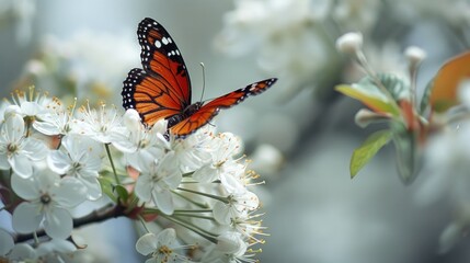 The lovely butterfly rests on pale blossoms