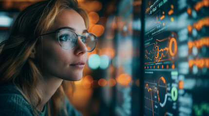 Decoding the Data: A young woman, illuminated by the glow of digital analytics, dives deep into the world of data analysis, her focused gaze reflecting the complexity and insight found within. 