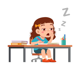 little kid study on desk and feel sleepy
