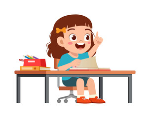 little kid study on desk and raise hand to answer question