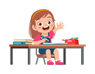 little kid study on desk and raise hand to answer question