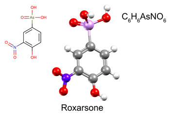 Chemical formula, structural formula and 3D ball-and-stick model of an animal feed additive roxarsone