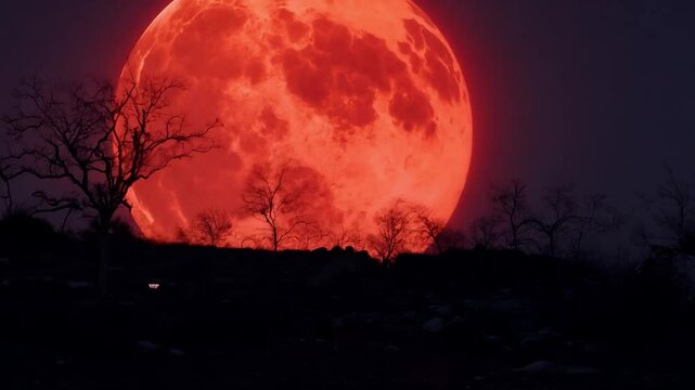 This large, full, red moon rises over a dark, silhouetted forest.