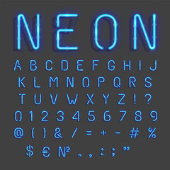 Obraz premium Blue Neon Latin Font, Capital Letters, Numbers and Symbols