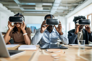 Group of diverse coworkers testing VR headsets in the office