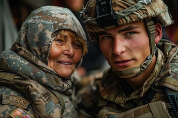 A soldier and an elderly woman, both dressed in military camouflage, share a moment of connection and mutual respect as they sit together, signifying unity across generations.