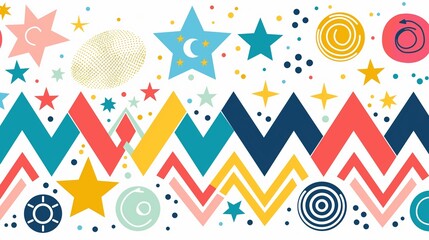 A cheerful geometric summer background with an array of colorful shapes like chevrons, circles, and stars, set against a white backdrop, creating a festive and lively design for posters.