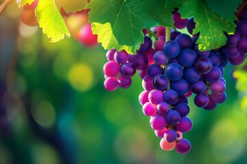 Grape bunches, large perfect berries. They hang on lush green vines that turn vibrant colors in the...