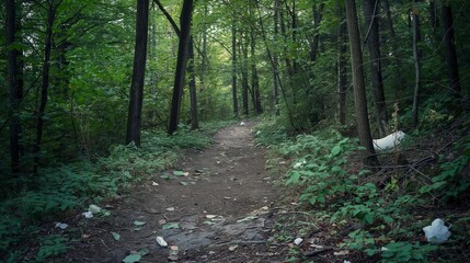 Fototapeta premium A clean, well-maintained hiking trail through a dense forest, free from any plastic bags or litter, symbolizing environmental conservation.