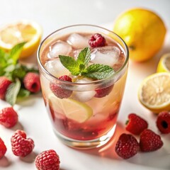 Refreshing Glass of Raspberry Lemonade With Ice and Mint. Generative AI