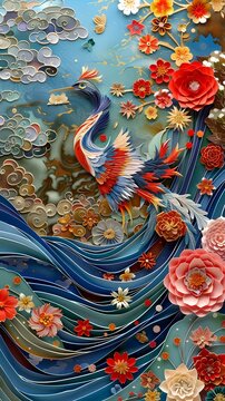 A vibrant and colorful depiction of a phoenix in flight, surrounded by intricate patterns and floral elements.