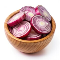 Red Onion Slices in a Wooden Bowl on a White Background. Generative AI