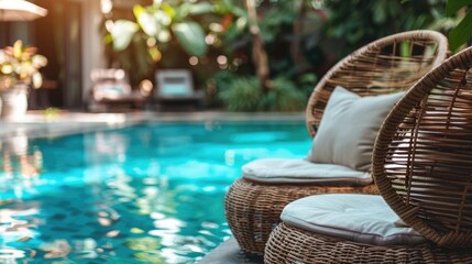 Fototapeta premium Rattan chairs with pillows near pool