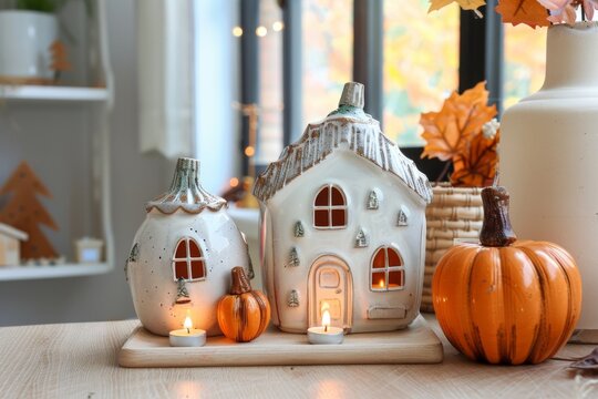 Fall decor with cozy orange pumpkins and decorative white houses. Thanksgiving and Halloween concept