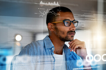 Businessman, programmer and glasses with hud at night for software development at office. Man thinking and working late in wonder or thought for coding or problem solving on overlay at workplace