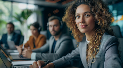 Fototapeta premium Confident Businesswoman Leading a Team: A professional woman with curly hair gazes confidently forward, leading her team in a modern office setting, showcasing leadership, teamwork, and success. 