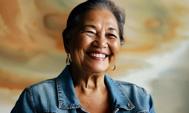 Medium shot portrait video of a pleased Indonesian woman in her 50s wearing a denim jacket against an abstract background 