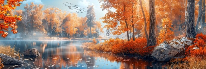 Oil painting landscape with abstract colorful gold trees. Intricate details and rich palette convey