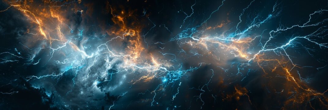 Energetic flow on a dark background with lightning striking and a bright thunder shock effect