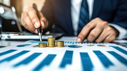 Business Analyst. Study of financial statements. Man in suit working on documents with charts. The concept of professionalism and attention. Illustration for poster, cover, brochure or presentation.