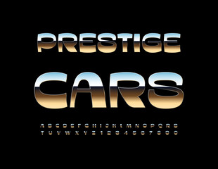 Vector premium logo Prestige Cars. Trendy Stylish Font. Modern Silver Alphabet Letters and Numbers set.