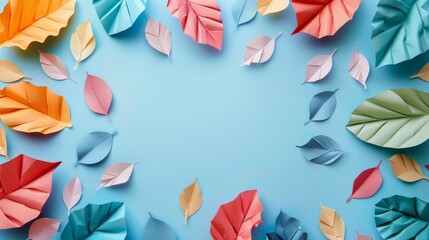 A flat lay image featuring a frame of colorful paper leaves on a blue background