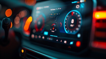 A digital car dashboard with a speedometer and other gauges lit up at night