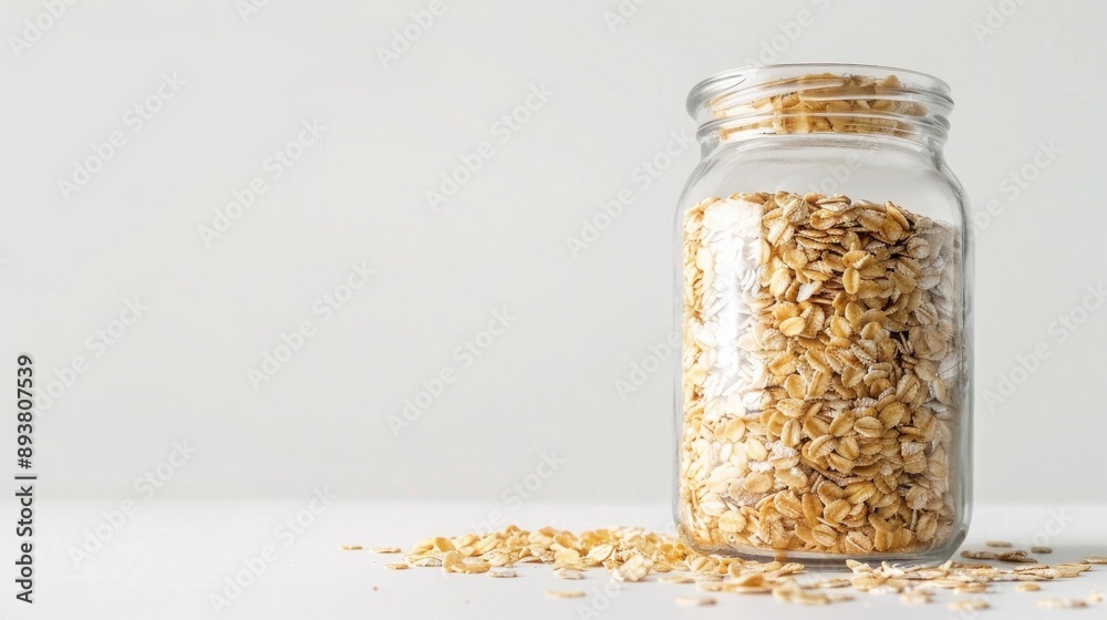 Poster Healthy vegan concept Uncooked oats in glass jar on white background