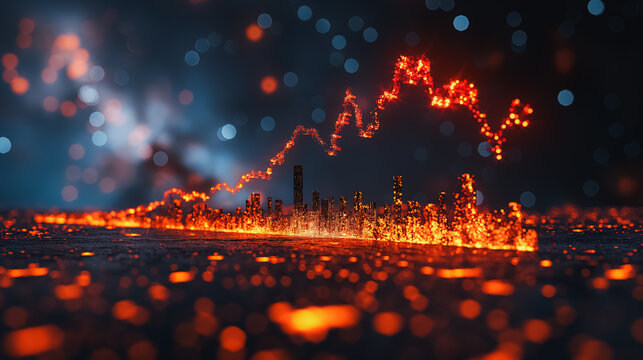 Burning Bright: A fiery stock market chart explodes across a city skyline, symbolizing the volatile and dynamic nature of the financial markets. A compelling visual metaphor for growth, risk, and unce