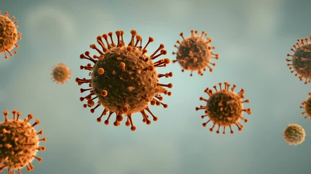 bunch of viruses are floating in the air. The viruses are brown and have a fuzzy appearance, Group of virus cells. 3D illustration, Coronavirus cells