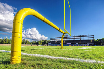 American football field with bright yellow goal post, empty stadium stands, and fluffy clouds in blue sky, showcasing sports arena on sunny day